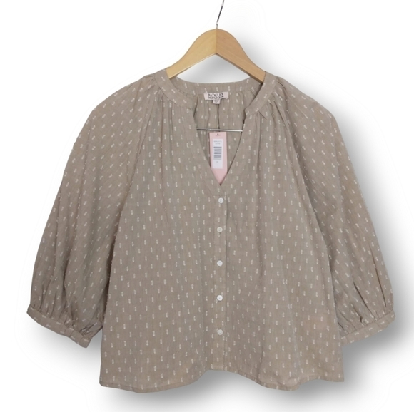 NWT BADGLEY MISCHKA COTTON PEASANT TOP IN SAND SWISS DOT SIZE XS - Picture 2 of 5